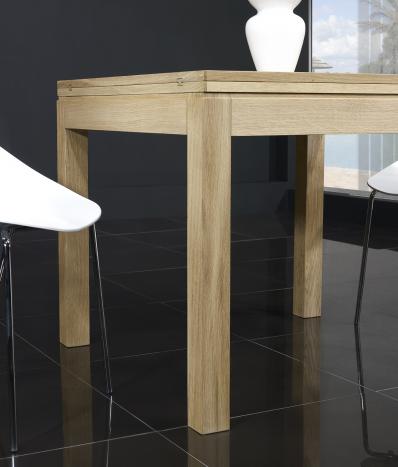 Table de repas 90x90 réalisée en Chêne massif de style Contemporain, plateau ouvert 180x90 Finition Brossé Blanchi