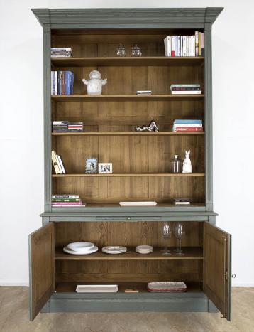 Bibliothèque 2 corps Sylvain réalisée en Chêne Massif de style Directoire Finition VERT ANTIK