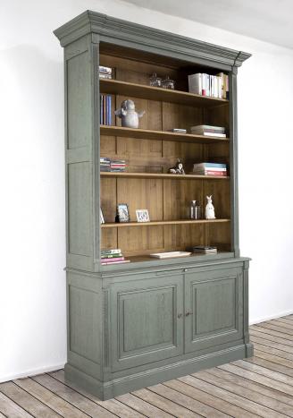 Bibliothèque 2 corps Sylvain réalisée en Chêne Massif de style Directoire Finition VERT ANTIK