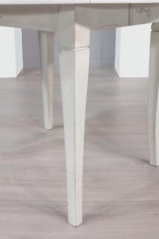 Table ronde à volets diamètre 120 réalisée en Chêne Massif 4 pieds sabres 2 allonges de 40 cm  Finition Chêne brossé Ivoire