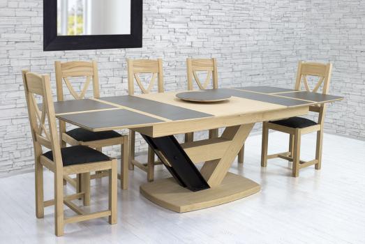 Table rectangulaire ovalisée Martin,  180x110 réalisée en Chêne Massif 1 allonge portefeuille de 75 cm Plateau céramique et Chêne
