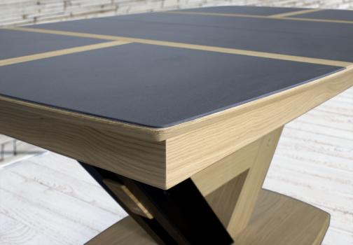 Table rectangulaire ovalisée Martin,  180x110 réalisée en Chêne Massif 1 allonge portefeuille de 75 cm Plateau céramique et Chêne