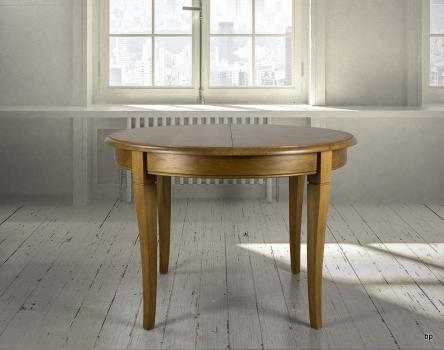 Table ronde 4 pieds Marc-Antoine réalisée en Chêne Massif de style Louis Philippe Diamètre 130 cm  1 allonge portefeuille de 40 cm 