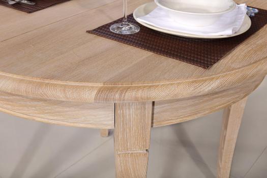 Table ronde 4 pieds Marc-Antoine réalisée en Chêne Massif de style Louis Philippe Diamètre 100  1 allonge portefeuille de 40 cm 
