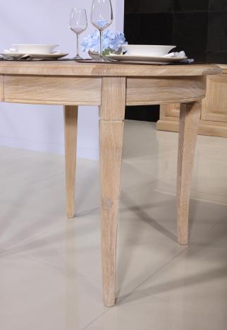 Table ronde 4 pieds Marc-Antoine réalisée en Chêne Massif de style Louis Philippe Diamètre 100  1 allonge portefeuille de 40 cm 