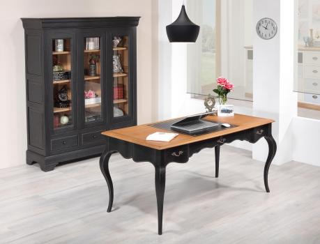 Bureau Ministre réalisé en Chêne de Style Louis XV Finition Chêne brossé Noir Patiné et Plateau Chêne Doré patiné