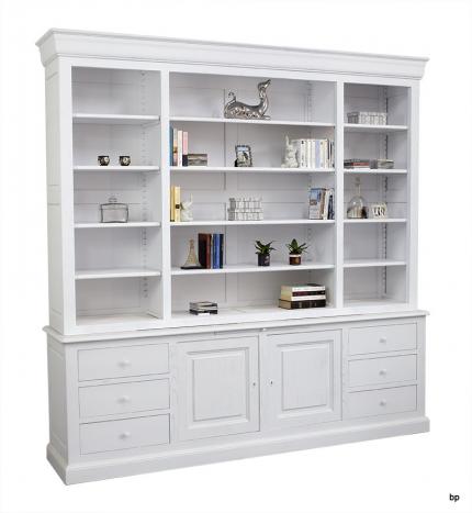 Bibliothèque 2 corps Pierre, réalisée en Chêne Massif de style Louis Philippe LONGUEUR 240 cm Finition chêne brossé Ivoire