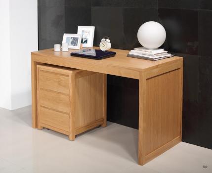 Bureau Contemporain en chêne accompagné de son caisson de 3 tiroirs sur roulettes