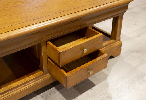 Table basse Emmanuel réalisée en chêne de style Louis Philippe 2 TIROIRS EN VA ET VIENT Finition Chêne Moyen Patine Antiquaire (vieillissement du bois) SEULEMENT 1 DISPONIBLE