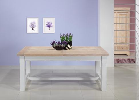 Table de ferme rectangulaire AXEL réalisée en Chêne massif 180x100 + 2 allonges de 45 cm Finition chêne Brossé Blanchi et Ivoire