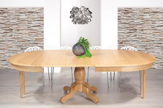 Table ronde pied central Marc-Antoine réalisée en Chêne de style Louis Philippe Diamètre 140 avec 2 allonges de 40 cm