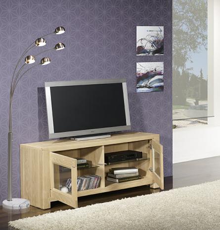 Meuble TV 2 portes Vitrées Loann réalisé en chêne massif de style Contemporain Finition Chêne Brossé Naturel