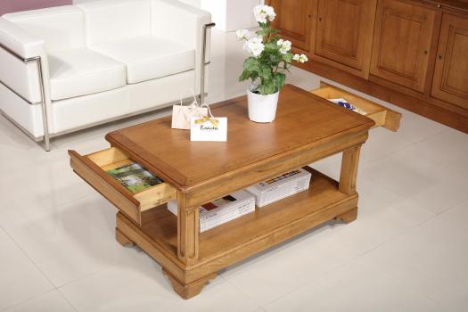 Table basse Eliot réalisée en Chêne de style Louis Philippe 1 tiroir de chaque coté Finition Chêne Doré Patine Antiquaire