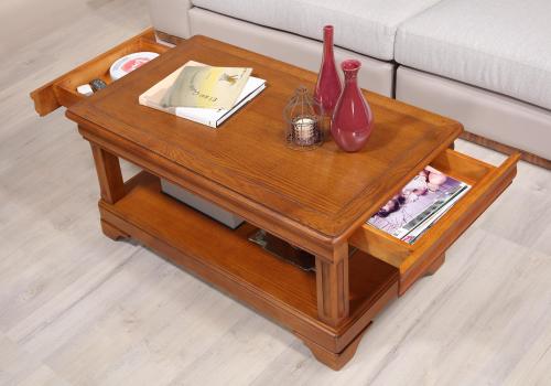 Table basse Eliot réalisée en Chêne de style Louis Philippe 1 tiroir de chaque coté Finition Chêne moyen patine antiquaire