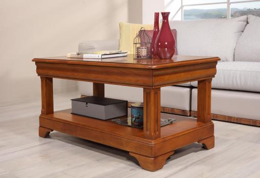 Table basse Eliot réalisée en Chêne de style Louis Philippe 1 tiroir de chaque coté Finition Chêne moyen patine antiquaire