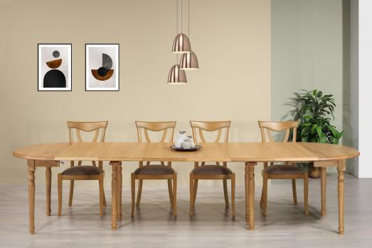 Table ronde à volets Diamètre 105 réalisée en chêne massif de style Louis Philippe 6 allonges de 40 cm avec ses allonges : 345X105 