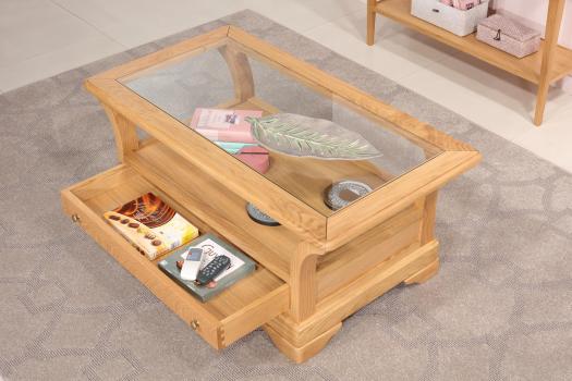 Table Basse Raphael réalisée en Chêne Massif de style Louis Philippe Plateau Verre