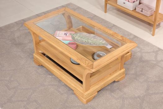 Table Basse Raphael réalisée en Chêne Massif de style Louis Philippe Plateau Verre