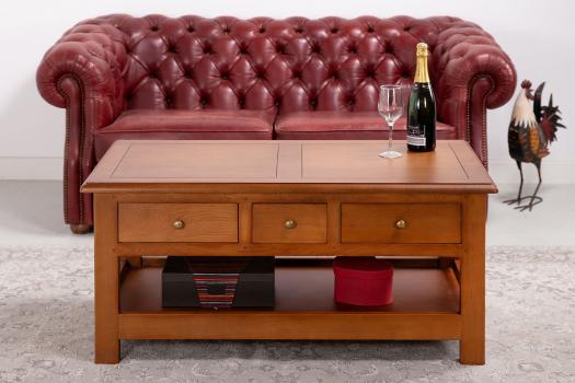 Table basse rectangulaire Jean-Baptiste réalisée en chêne de style Louis Philippe Campagnard Finition chêne moyen SEULEMENT 1 DISPONIBLE