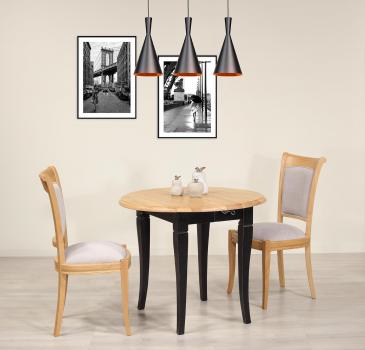 Table ronde à volets réalisée en chêne massif de style Louis Philippe avec 2 allonges de 40 cm Diamètres 90