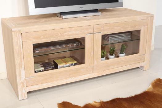 Meuble TV 2 portes Vitrées Loann réalisé en chêne massif de style Contemporain 