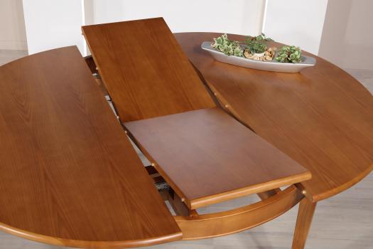 Table ronde Célia réalisée en Chêne de style Directoire Diamètre 130 - 1 allonge incorporée rangée sous le plateau CHENE BROSSE NATUREL pour le plateau et l'allonge - CHENE BROSSE IVOIRE 1 OU 2 pour les pieds et la ceinture 