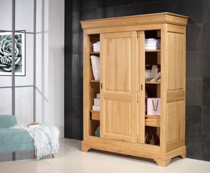 Armoire 2 portes Jean-Baptiste en Chêne Massif portes coulissantes, de style Louis Philippe