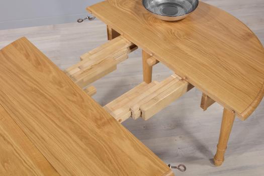Table ronde à volets Simon réalisée en Chêne Massif de style Louis Philippe Diamètre 100 + 2 allonges de 40 cm