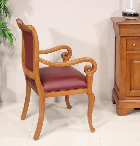 Fauteuil Crosse de style Louis Philippe en chêne massif Moleskine bordeaux
