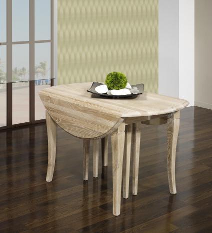 Table ronde à volets Valérie réalisée en Chêne Massif de style Louis Philippe, 8 pieds 5 allonges de 40 cm DIAMETRE 110 Finition Chêne Brossé