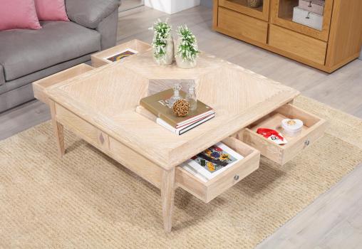 Table basse carrée Justin réalisée en Chêne de style Directoire avec Marqueterie