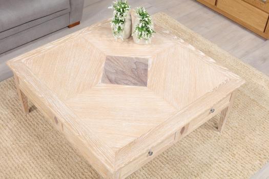 Table basse carrée Justin réalisée en Chêne de style Directoire avec Marqueterie
