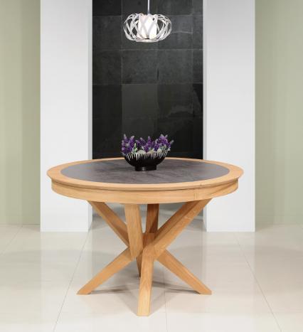 Table ronde Contemporaine Romain, diamètre 120 cm réalisée en chêne avec un pieds central et 1 allonge portefeuille de 50 cm Céramique Iron Grey