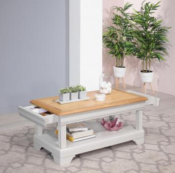 Table basse Eliot réalisée en Chêne de style Louis Philippe 1 tiroir de chaque côté Finition chêne naturel pour le plateau et Gris perle pour le corps