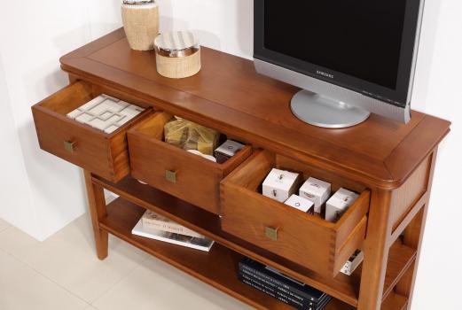 Console 3 tiroirs Evan réalisée en chêne de style Contemporain 2 étagères Finition Chêne Moyen (Photographie)