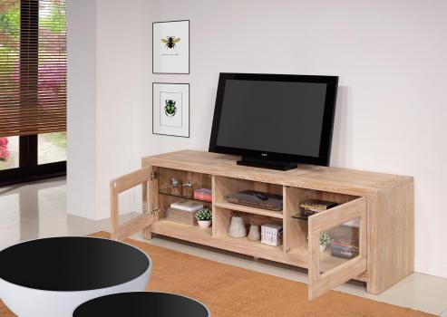 Meuble TV 2 portes vitrées Loann réalisé en chêne massif de style Contemporain 