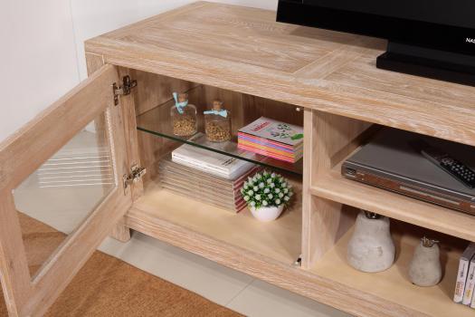 Meuble TV 2 portes vitrées Loann réalisé en chêne massif de style Contemporain 
