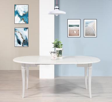 Table ronde à volets Yanis réalisée en Chêne Massif de style Louis Philippe DIAMETRE 105 avec 2 ALLONGES DE 40 CM Finition Brossé Gris Perle légèrement patiné