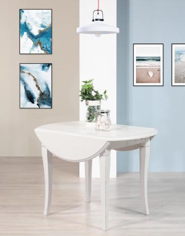 Table ronde à volets Yanis réalisée en Chêne Massif de style Louis Philippe DIAMETRE 105 avec 2 ALLONGES DE 40 CM Finition Brossé Gris Perle légèrement patiné