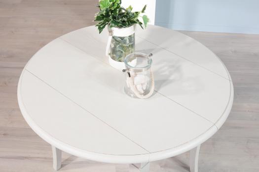 Table ronde à volets Yanis réalisée en Chêne Massif de style Louis Philippe DIAMETRE 105 avec 2 ALLONGES DE 40 CM Finition Brossé Gris Perle légèrement patiné