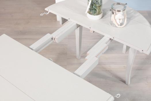 Table ronde à volets Yanis réalisée en Chêne Massif de style Louis Philippe DIAMETRE 105 avec 2 ALLONGES DE 40 CM Finition Brossé Gris Perle légèrement patiné