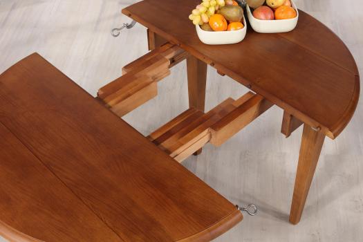 Table ronde à volets diamètre 90 en chêne massif de style Louis Philippe 2 allonges de 40 cm Finition Chêne Moyen