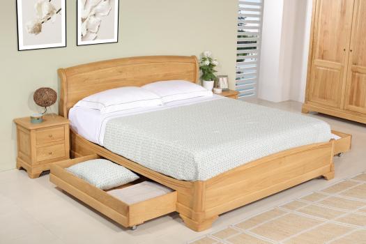Lit Gautier 180x200 en Chêne Massif de style Louis Philippe Avec tiroir de chaque côté,
