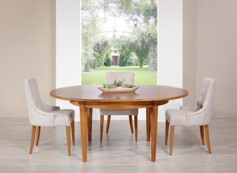 Table ronde Célia réalisée en Chêne de style Directoire Diamètre 130 - 1 allonge incorporée rangée sous le plateau CHENE BROSSE NATUREL pour le plateau et l'allonge - CHENE BROSSE IVOIRE 1 OU 2 pour les pieds et la ceinture 