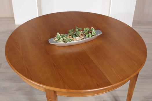 Table ronde Célia réalisée en Chêne de style Directoire Diamètre 130 - 1 allonge incorporée rangée sous le plateau CHENE BROSSE NATUREL pour le plateau et l'allonge - CHENE BROSSE IVOIRE 1 OU 2 pour les pieds et la ceinture 