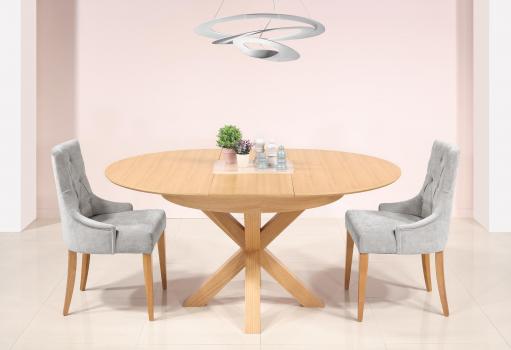 Table ronde Contemporaine Gabin, diamètre 120 cm réalisée en chêne avec un pieds central et 1 allonge portefeuille de 50 cm