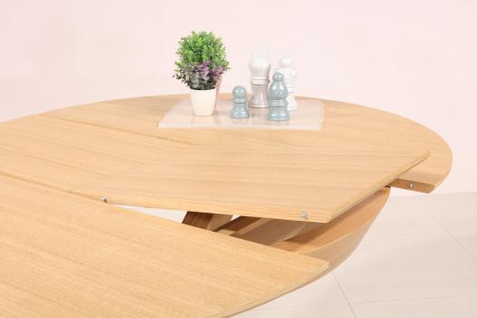 Table ronde Contemporaine Gabin, diamètre 120 cm réalisée en chêne avec un pieds central et 1 allonge portefeuille de 50 cm