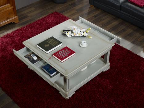 Table Basse carrée Clarisse réalisée en Chêne de style Louis Philippe Finition chêne brossé gris
