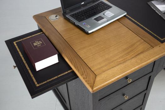 Superbe Bureau Ministre réalisé en Chêne de style Louis Philippe Spécial Informatique Patiné Noir pour le corps Chêne Doré pour le plateau