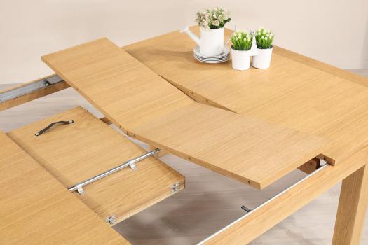 Table de repas carrée Isaac de ligne Contemporaine avec 2 allonges portefeuilles réalisée en Chêne